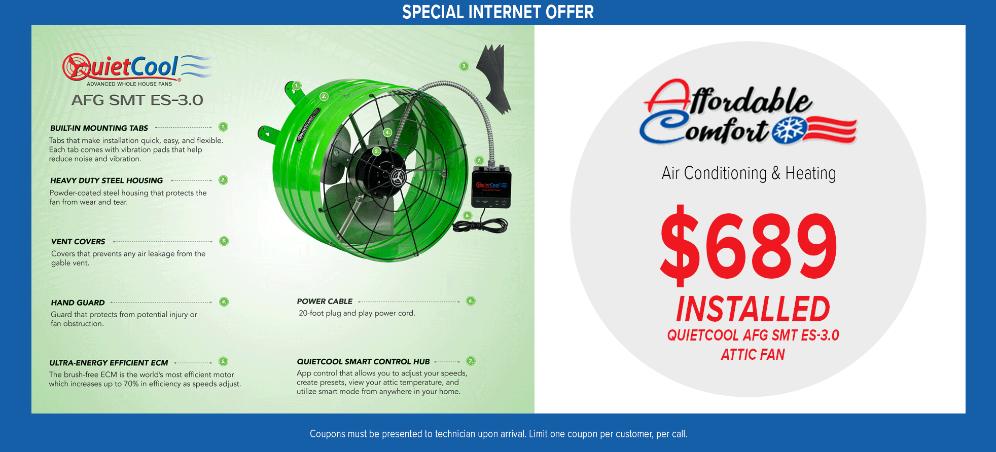 QuietCool Attic fan installation coupon for Affordable Comfort